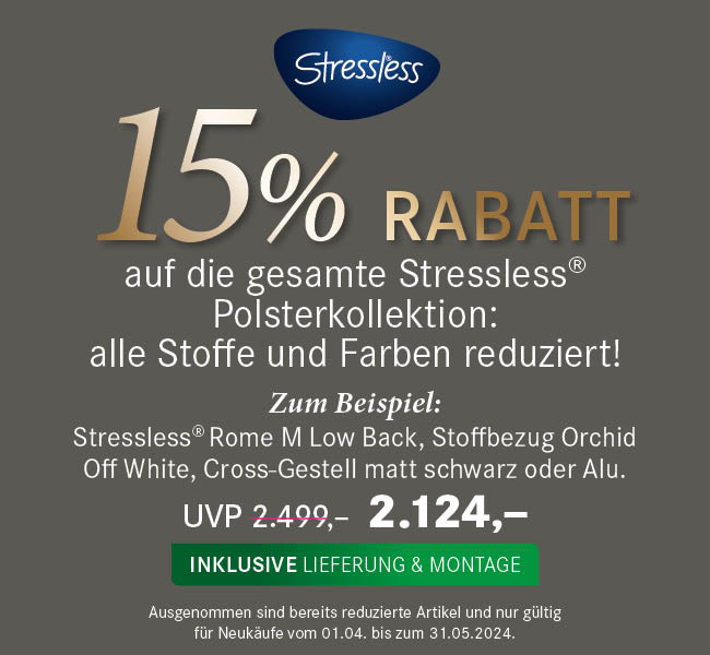 Den Stressless Sessel Rome jetzt bei Möbel Hübner als Sonderaktion erhältlich. Jetzt 15% Rabatt auf die gesamte Stoffkollektion von Stressless sichern.